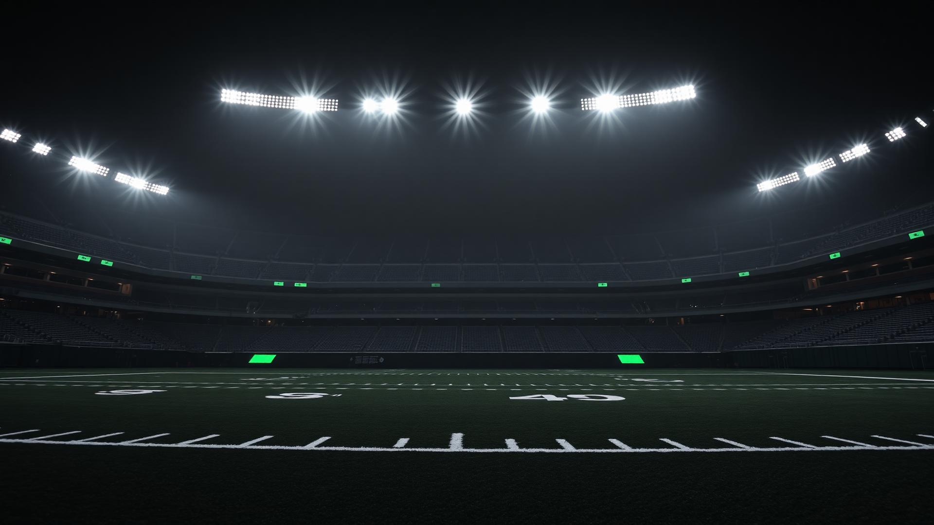 Empty football stadium under bright game-night lights